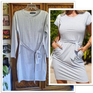 MEROKEETY Striped Long Sleeve Tie-Waist Sheath Dress NWOT! - Gray/White, Size S